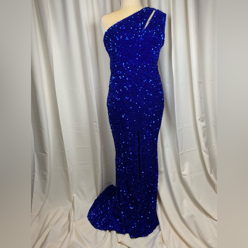Blue Sequin and Velvet Full Length Gown